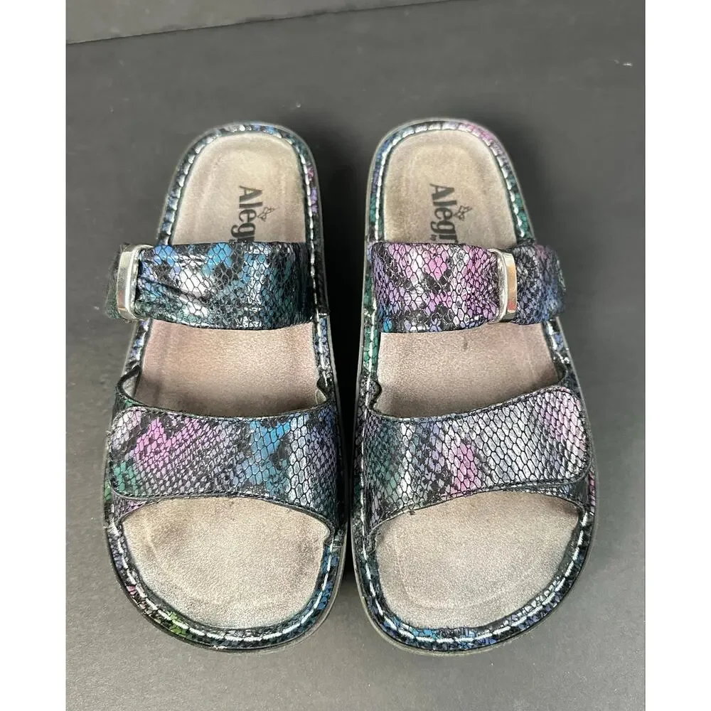 Alegria Karmen Black Purple Reptile Pattern Strap Sandals Size 38 US  8 8.5